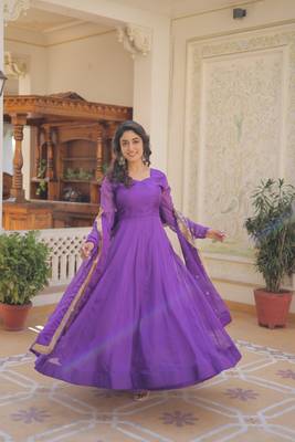 Purple russian silk with kali pattern gown with dupatta 2