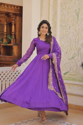 Purple russian silk with kali pattern gown with dupatta 3