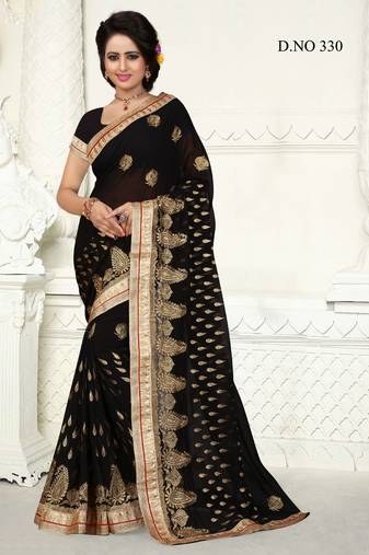 Black Heavy Zari Embroidery Work Georgette Saree