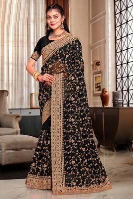 Black Heavy Coding Embroidered Zarkan Diamond Border Georgette Saree With Blouse Piece 1