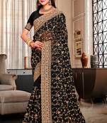 Black Heavy Coding Embroidered Zarkan Diamond Border Georgette Saree With Blouse Piece