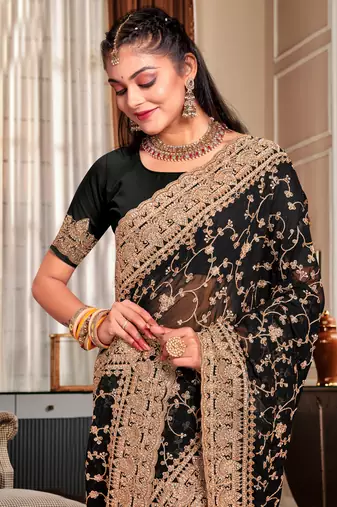 Black Heavy Coding Embroidered Zarkan Diamond Border Georgette Saree With Blouse Piece