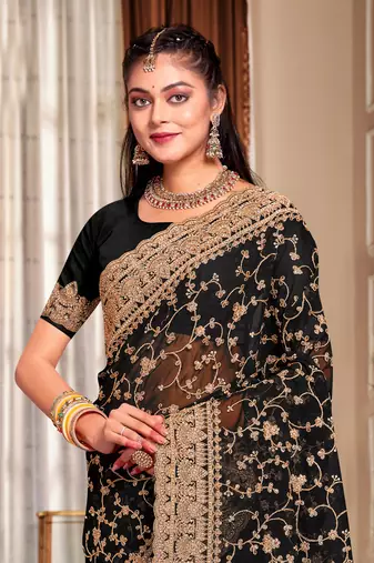 Black Heavy Coding Embroidered Zarkan Diamond Border Georgette Saree With Blouse Piece