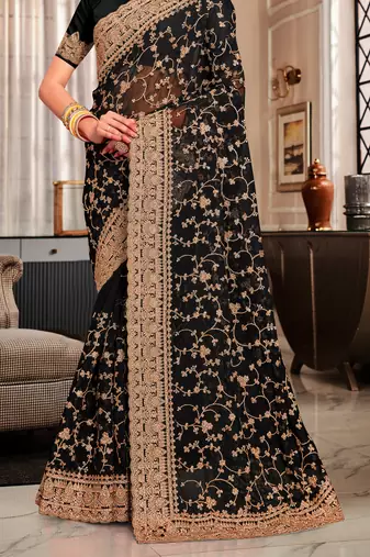Black Heavy Coding Embroidered Zarkan Diamond Border Georgette Saree With Blouse Piece
