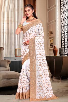 White Heavy Coding Embroidered Zarkan Diamond Border Georgette Saree With Blouse Piece 1