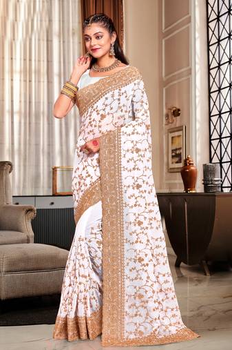 White Heavy Coding Embroidered Zarkan Diamond Border Georgette Saree With Blouse Piece