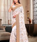 White Heavy Coding Embroidered Zarkan Diamond Border Georgette Saree With Blouse Piece