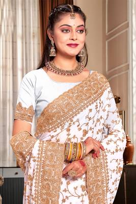White Heavy Coding Embroidered Zarkan Diamond Border Georgette Saree With Blouse Piece 2