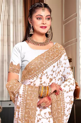 White Heavy Coding Embroidered Zarkan Diamond Border Georgette Saree With Blouse Piece