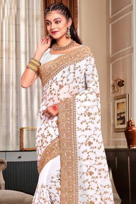 White Heavy Coding Embroidered Zarkan Diamond Border Georgette Saree With Blouse Piece 3