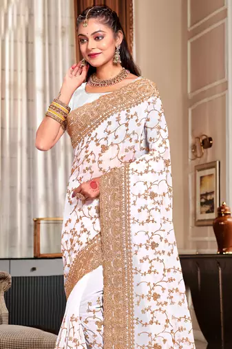 White Heavy Coding Embroidered Zarkan Diamond Border Georgette Saree With Blouse Piece