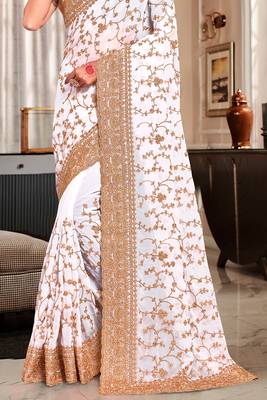 White Heavy Coding Embroidered Zarkan Diamond Border Georgette Saree With Blouse Piece 4