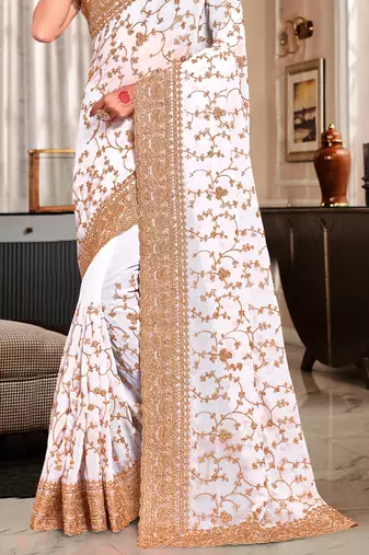 White Heavy Coding Embroidered Zarkan Diamond Border Georgette Saree With Blouse Piece