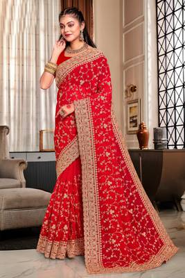 Red Heavy Coding Embroidered Zarkan Diamond Border Georgette Saree With Blouse Piece 1