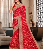 Red Heavy Coding Embroidered Zarkan Diamond Border Georgette Saree With Blouse Piece