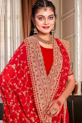 Red Heavy Coding Embroidered Zarkan Diamond Border Georgette Saree With Blouse Piece