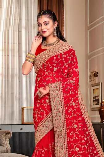 Red Heavy Coding Embroidered Zarkan Diamond Border Georgette Saree With Blouse Piece