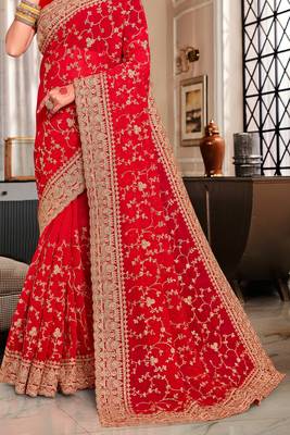 Red Heavy Coding Embroidered Zarkan Diamond Border Georgette Saree With Blouse Piece 4