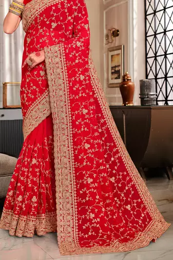 Red Heavy Coding Embroidered Zarkan Diamond Border Georgette Saree With Blouse Piece