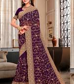 Purple Heavy Coding Embroidered Zarkan Diamond Border Georgette Saree With Blouse Piece