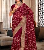 Maroon Heavy Coding Embroidered Zarkan Diamond Border Georgette Designer Saree With Blouse Piece