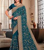 Teal Blue Heavy Coding Embroidered Zarkan Diamond Border Georgette Designer Saree With Blouse Piece