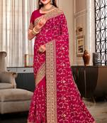 Magenta Heavy Coding Embroidered Zarkan Diamond Border Georgette Saree With Blouse Piece
