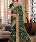 Bottle Green Heavy Coding Embroidered Zarkan Diamond Border Georgette Saree With Blouse Piece
