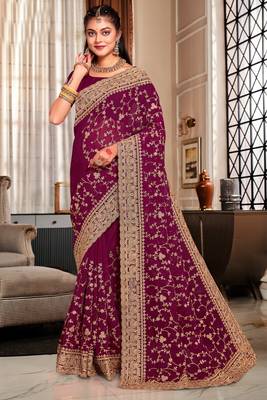 Wine Heavy Coding Embroidered Zarkan Diamond Border Georgette Saree With Blouse Piece 1