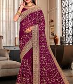 Wine Heavy Coding Embroidered Zarkan Diamond Border Georgette Saree With Blouse Piece