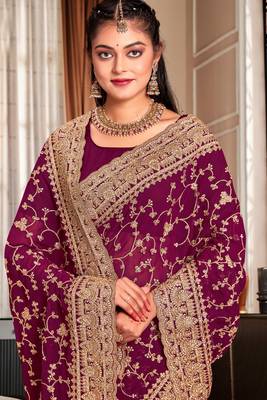 Wine Heavy Coding Embroidered Zarkan Diamond Border Georgette Saree With Blouse Piece 2
