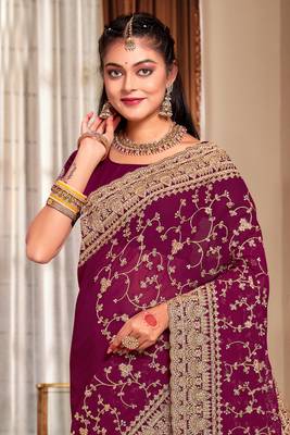 Wine Heavy Coding Embroidered Zarkan Diamond Border Georgette Saree With Blouse Piece 3
