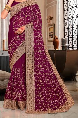 Wine Heavy Coding Embroidered Zarkan Diamond Border Georgette Saree With Blouse Piece 4