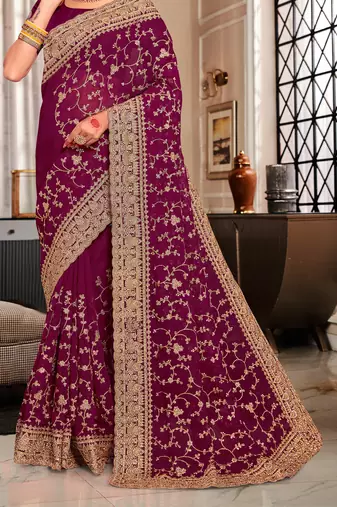 Wine Heavy Coding Embroidered Zarkan Diamond Border Georgette Saree With Blouse Piece