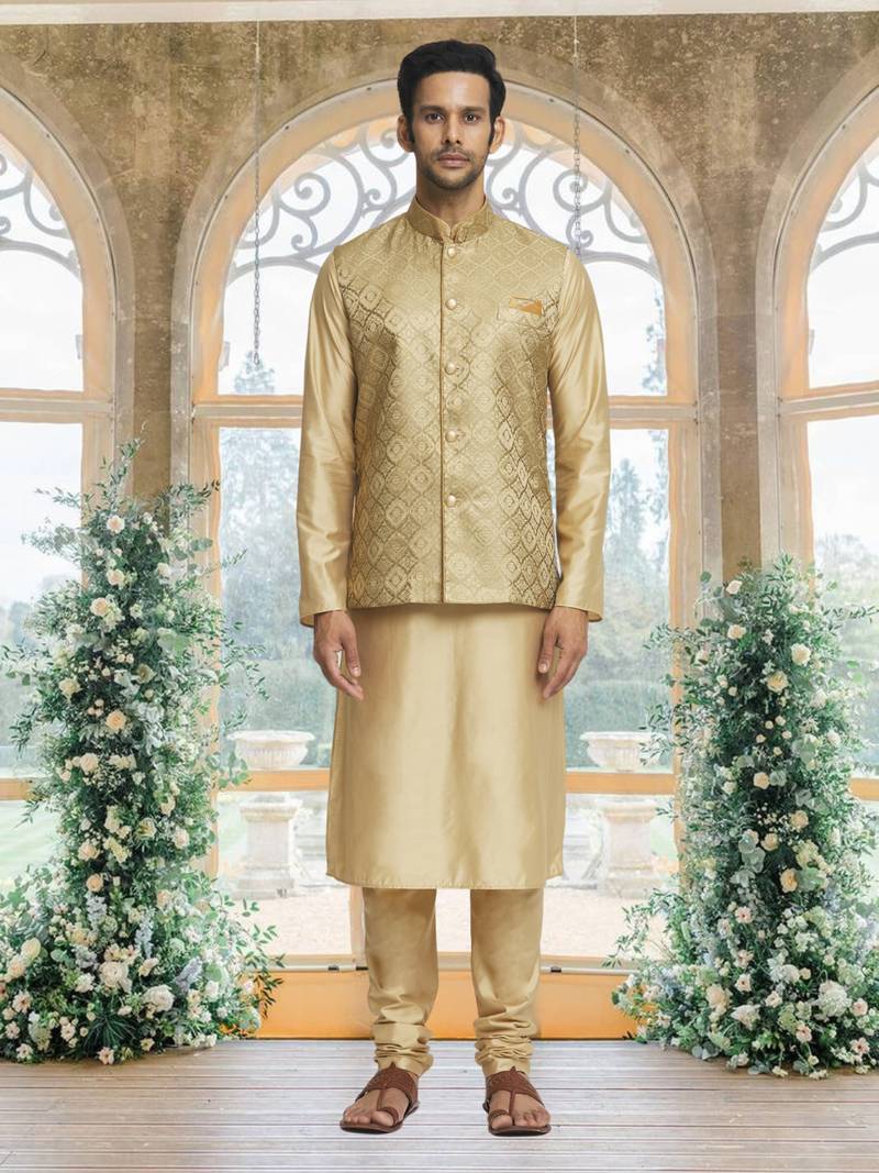 Gold art silk jacket kurta for men's