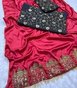 Festival Special Taj Mahal Design Heavy Work Satin Saree With Un-Stitched Blouse