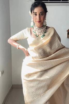 CAYORII CRAM BANARASI FABRIC READY TO WEAR SAREE 1