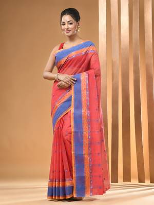 Imperial Red Pure Cotton Tant Saree With Woven Designs Without Blouse 1