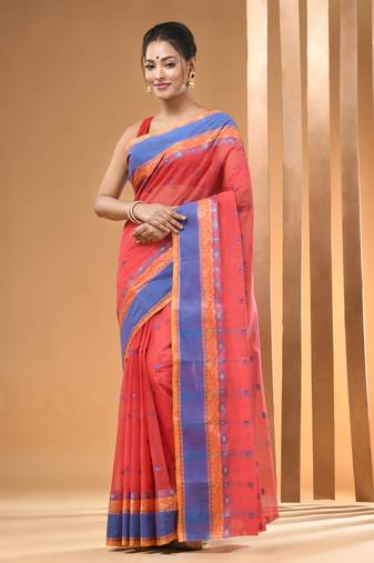 Imperial Red Pure Cotton Tant Saree With Woven Designs Without Blouse
