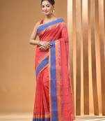 Imperial Red Pure Cotton Tant Saree With Woven Designs Without Blouse