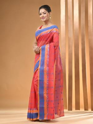 Imperial Red Pure Cotton Tant Saree With Woven Designs Without Blouse 2