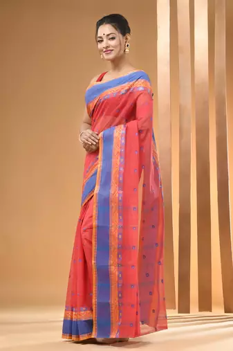 Imperial Red Pure Cotton Tant Saree With Woven Designs Without Blouse
