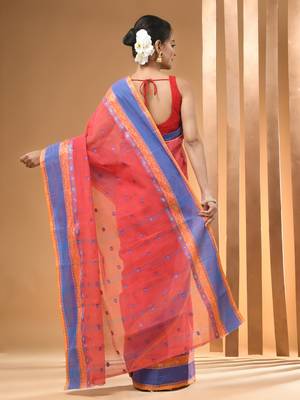 Imperial Red Pure Cotton Tant Saree With Woven Designs Without Blouse 3