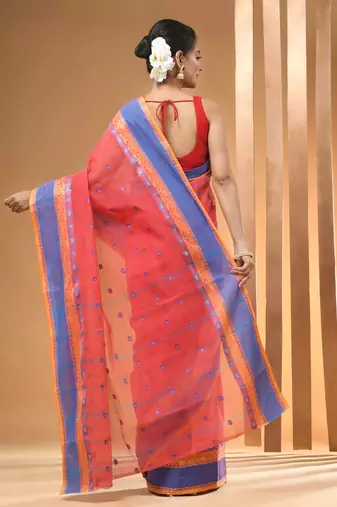 Imperial Red Pure Cotton Tant Saree With Woven Designs Without Blouse