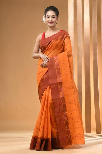 Orange Pure Cotton Tant Saree With Woven Designs Without Blouse