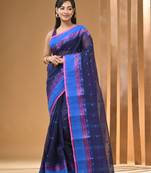 Navy blue pure cotton tant saree with woven designs