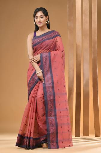 Salmon red pure cotton tant saree with woven designs