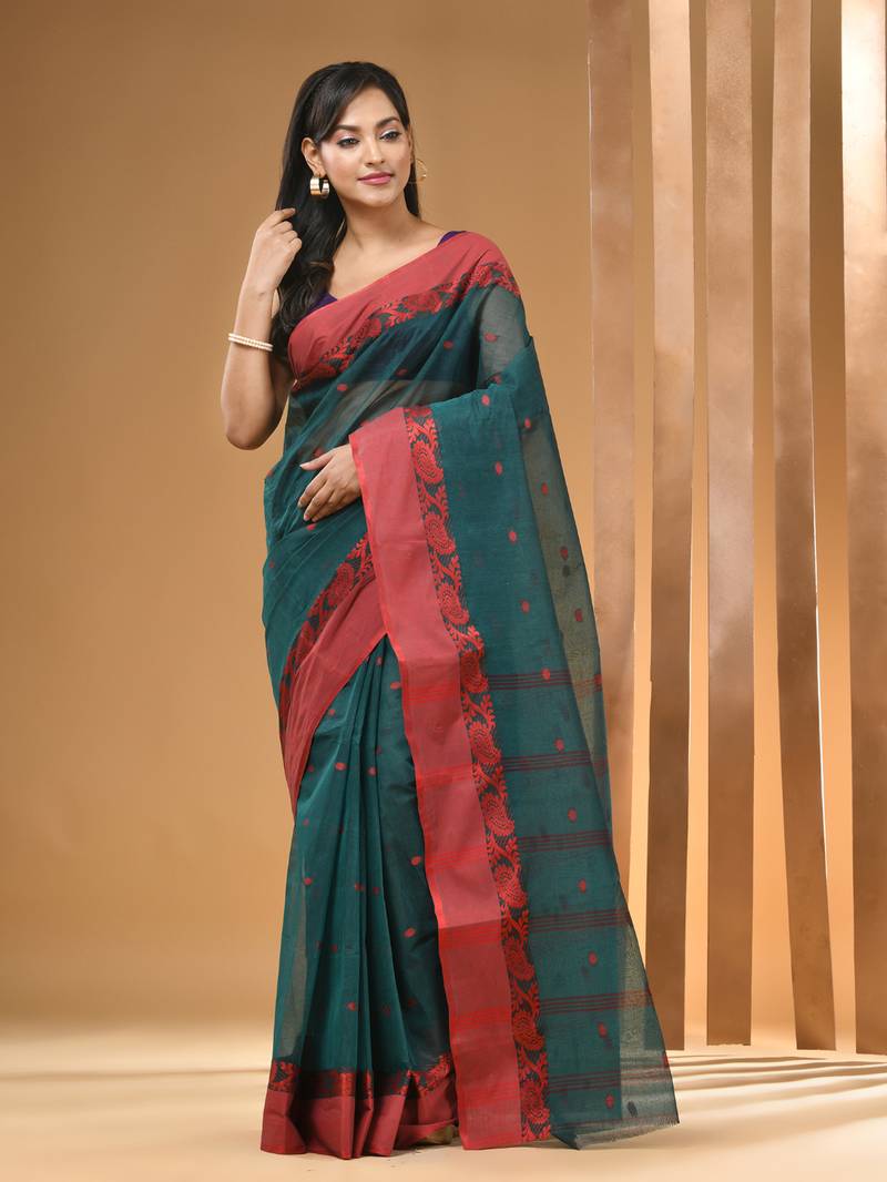 Teal green pure cotton tant saree with woven designs - Arhi - 4321925