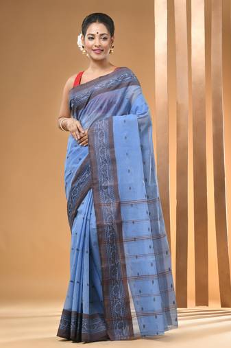 Neon Blue Pure Cotton Tant Saree With Woven Designs Without Blouse