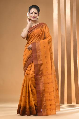 Fire Yellow Pure Cotton Tant Saree With Woven Designs Without Blouse